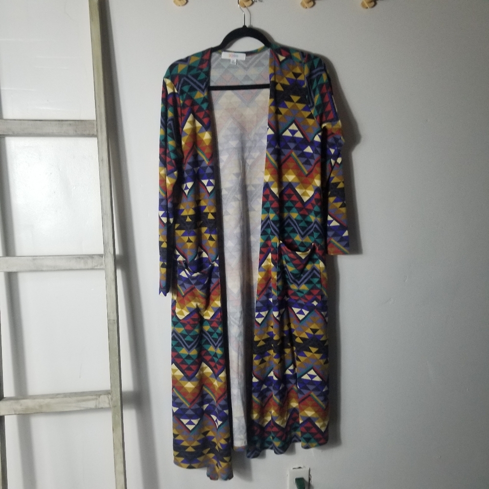 LULAROE WOMEN'S MULTICOLOR GEOMETRIC PATTERN LONG CARDIGAN SIZE MEDIUM